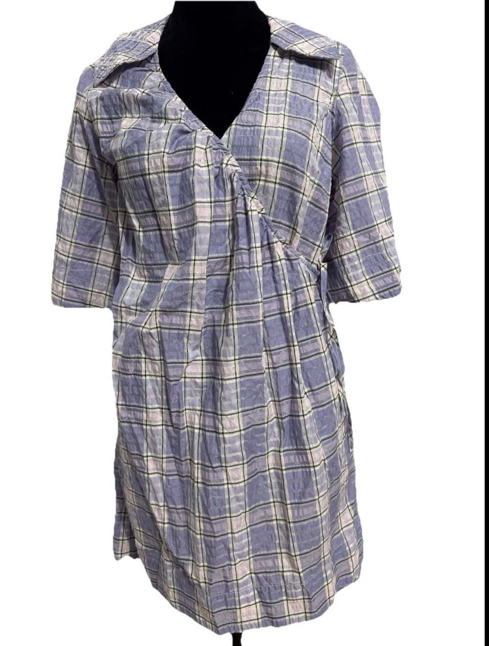 GANNI Plaid Seersucker Wrap Dress